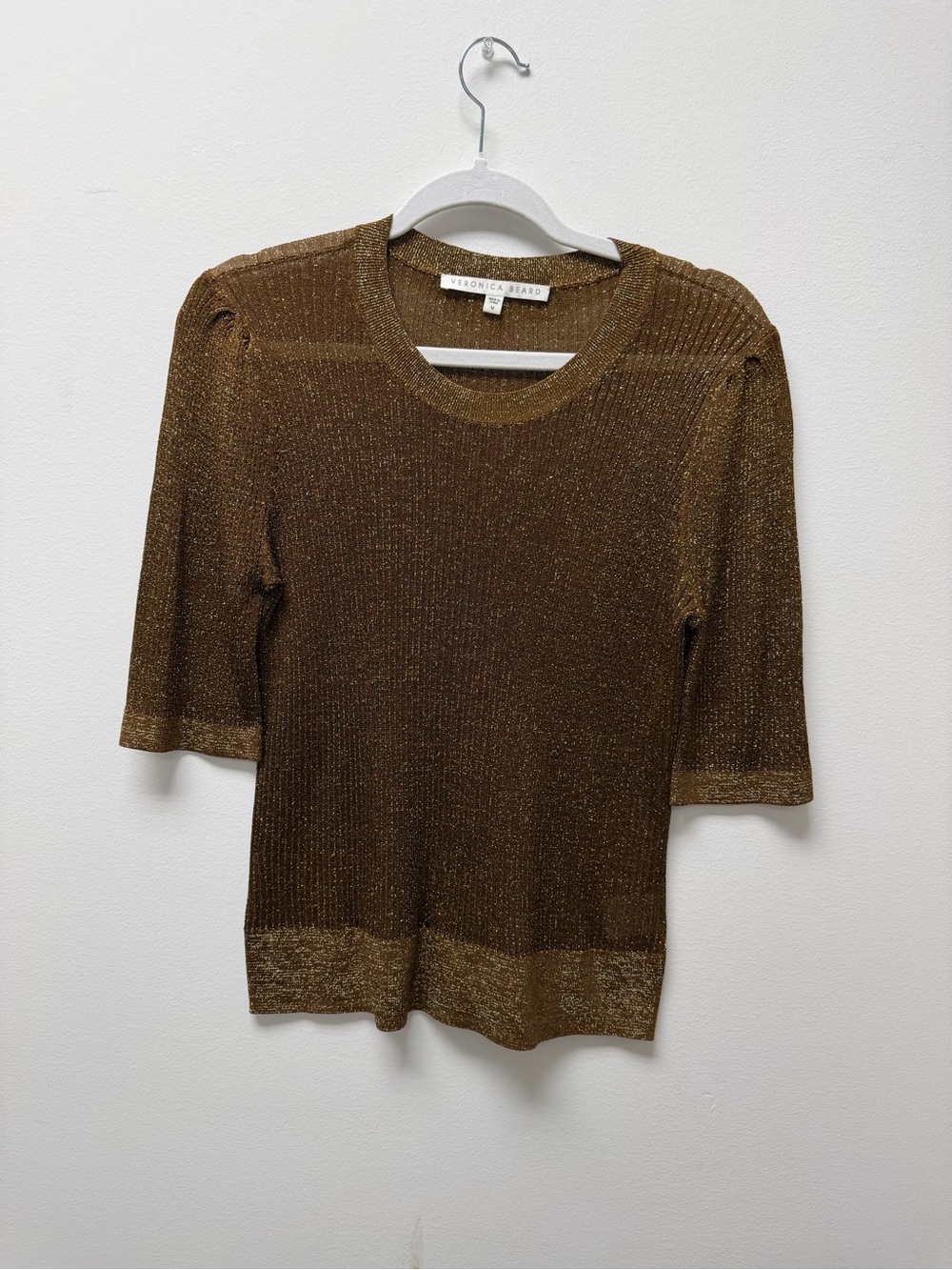 Veronica Beard Metallic Brown Short Sleeve Sweater